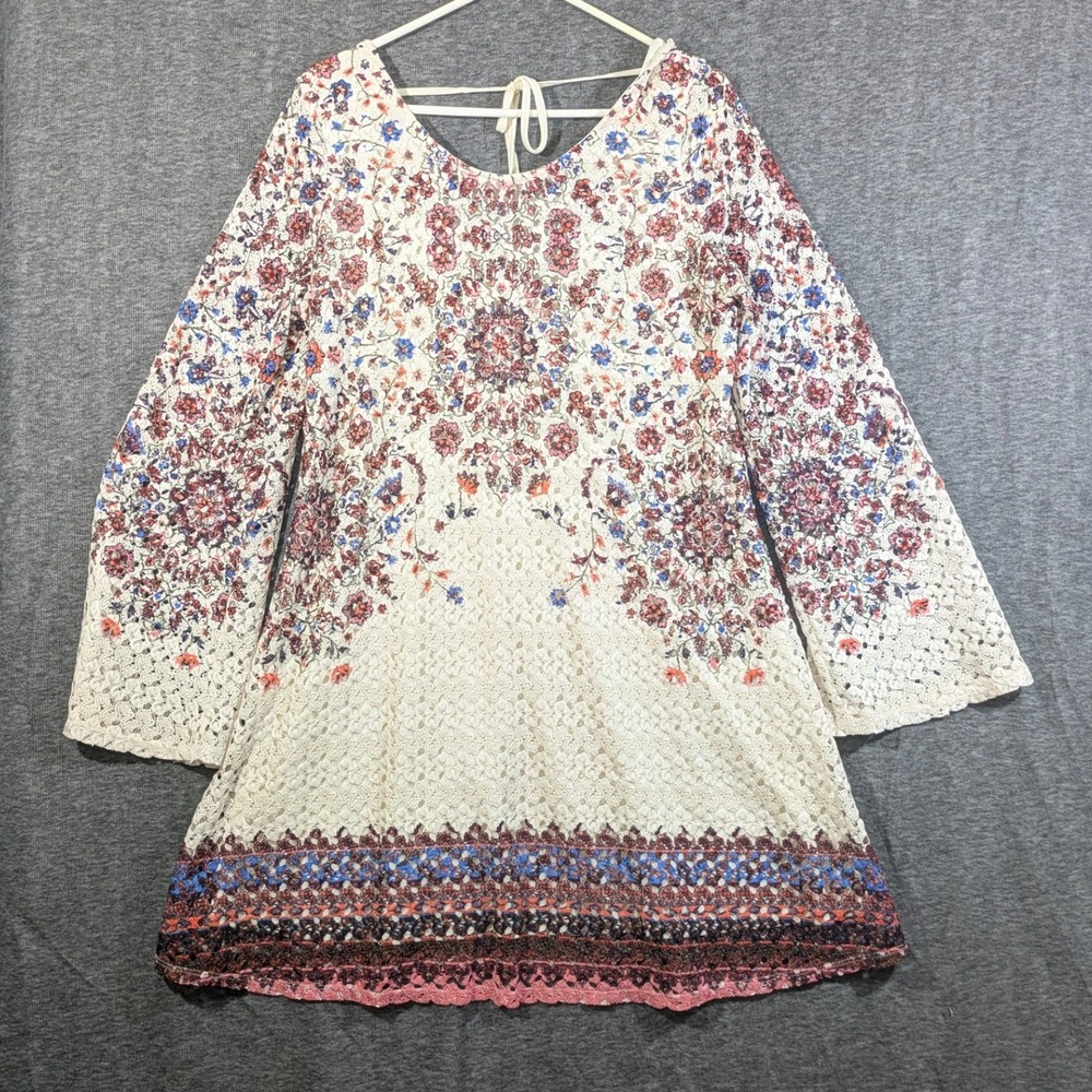 Xhilaration Cream Floral‎ Mandala Crochet Lace Bell Sleeve Mini Dress Size XL